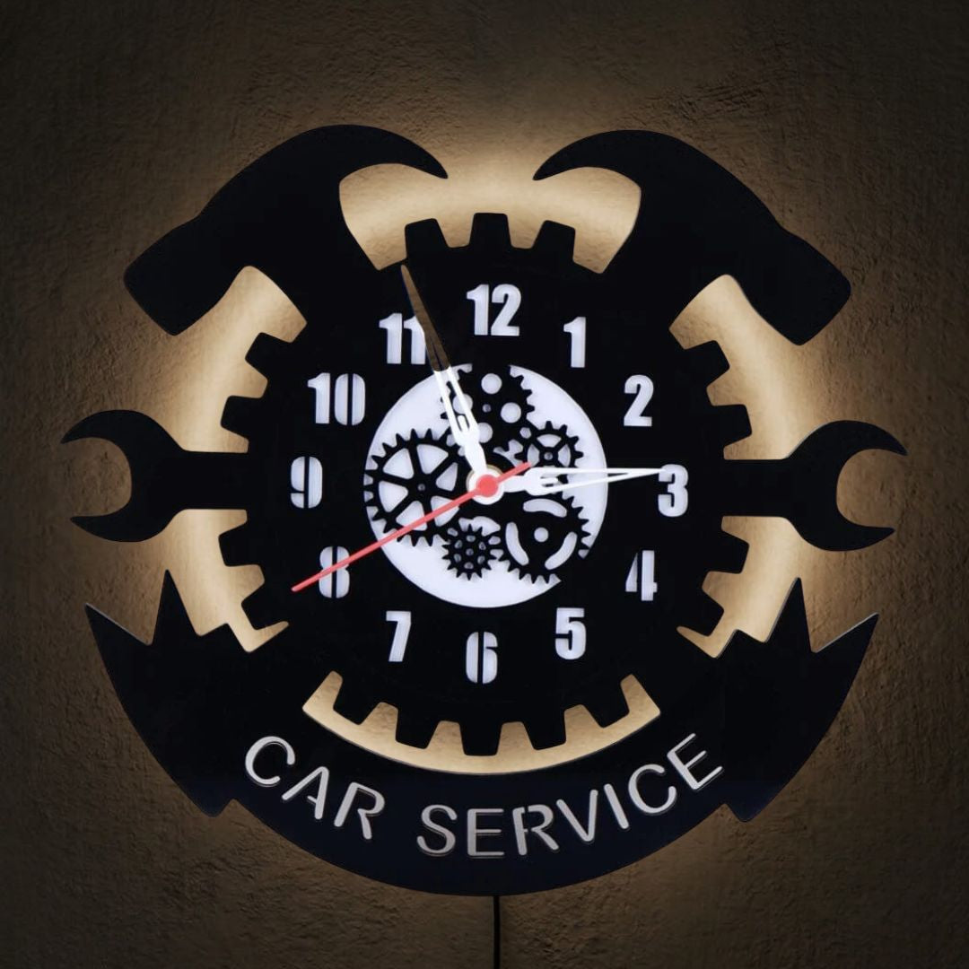Car Service Wall Clock 12″ , Tough Plexi Glass , Gear Clock