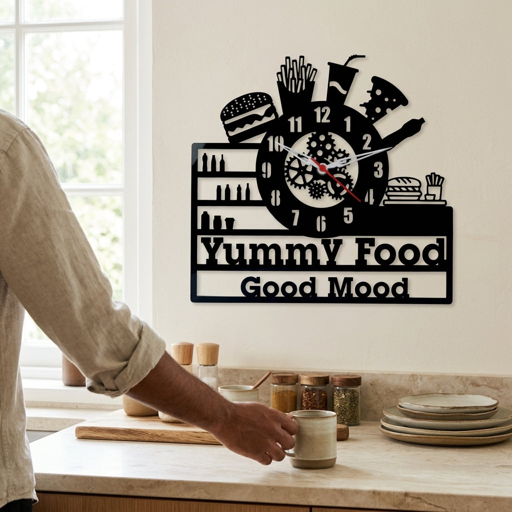 "Yummy Food, Good Mood" Premium Acrylic Wall Clock 12"
