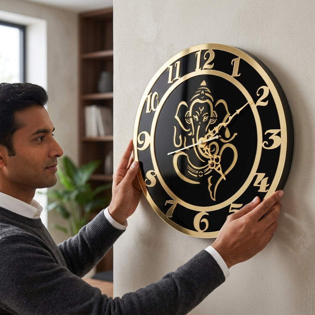 Lord Ganesha Luxury Gold & Black Wall Clock 12"