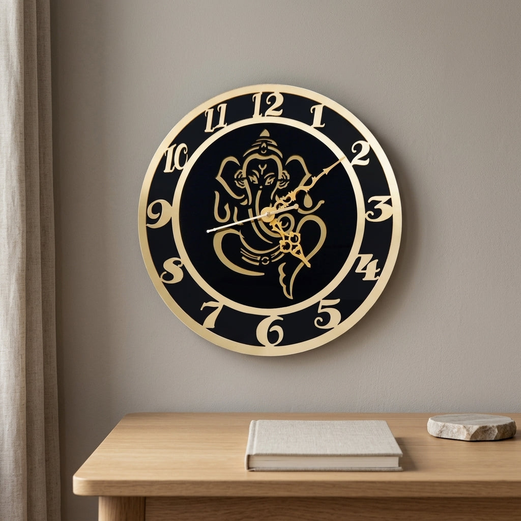 Lord Ganesha Luxury Gold & Black Wall Clock 12"